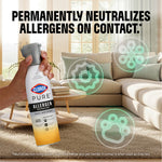 Hand holding a Clorox PURE Allergen Neutralizer spray in a living room with graphics representing allergens and bold headline