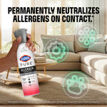 Hand holding a Clorox PURE allergen neutralizer spray in a living room scene with overlay icons and headline about neutralizing allergens.
