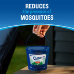 Hand holding a blue Cutter outdoor candle bucket by its handle with headline 'reduces the presence of mosquitoes'