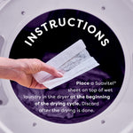 Hand holding a Suavitel dryer sheet in front of an open dryer door with 'INSTRUCTIONS' headline and usage text.