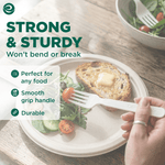 Hand holding an EcoSoul compostable fork over a plate with toast and salad accompanied by text ‘Strong & Sturdy, Won't bend or break’.