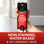 Hand holding an Eliminator red and black aerosol can with a banner reading non-staining, water-based and no lingering odor