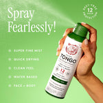 Hand holding a Grand Tongo spray can with mist effect and text highlighting super fine mist and quick drying