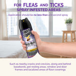 Arm holding a Hot Shot bed bug spray can in a bright room with headline "For Fleas and Ticks" and spraying instructions beneath.