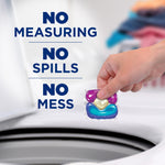 Hand holding a single clear-wrapped laundry pod above a washing machine with text reading No Measuring No Spills No Mess