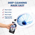 Hand holding a Lysol Lime & Rust clinging gel bottle near a toilet bowl showing blue gel applied under the rim and usage checklist