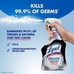 Hand holding Lysol Power Limescale Remover trigger bottle with text claiming it kills 99.9% of germs and lists illnesses