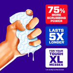 Illustration of a hand gripping a textured Magic Eraser with callouts claiming 75% more scrubbing power and lasts 5X longer.