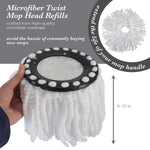 Hand holding a white microfiber twist mop refill showing black plastic top and product callouts.