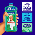 Illustration of a hand holding a Mr. Clean Meadows & Rain 2X concentrated cleaner bottle with callout boxes