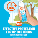Hand holding an OFF! adults & kids aerosol can against an illustrated backyard backdrop with a 6-hour protection icon