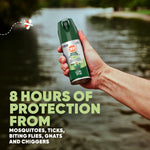 Person holding an OFF! Deep Woods aerosol can outdoors near water with overlay text advertising 8 hours of protection from mosquitoes and ticks