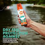 Hand holding an OFF! FamilyCare Smooth & Dry aerosol can over a lake with dry-feel protection text