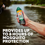 Hand holding an OFF! Sportsmen Deep Woods 8 oz aerosol can over water with text claiming up to 8 hours mosquito protection