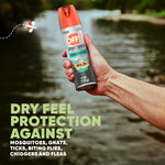 Hand holding an OFF! Sportsmen Smooth & Dry aerosol can over water with text promoting dry feel protection against insects
