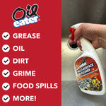 Hand holding Oil Eater spray bottle over a sink with checklist-style text naming grease, oil, dirt, grime and food spills