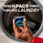 Hand holding a blue-and-green Persil liquid pac in front of a washing machine with usage instruction text