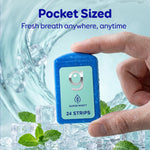 Hand holding a pocket-sized blue Grin Strips case above ice and mint, headline reads Pocket Sized