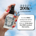Hand holding a Poo-Pourri spray bottle with a quote callout and review stars against a sky-blue background.