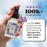 Hand holding a Poo-Pourri Lavender Vanilla spray bottle with five-star review badge and customer quote on sky background