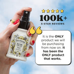 Hand holding a Poo-Pourri Original Citrus spray with five-star review graphic and customer quote on a cloudy background.