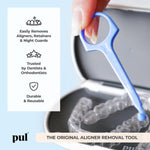 Close-up of a hand holding a blue PUL tool above a metal case containing clear aligners, with text callouts at left.