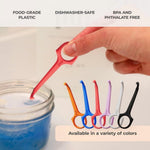 Hand holding a pink PUL removal tool over a jar with a row of colorful PUL tools lined up, product feature text above.