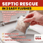 Hand holding a water-soluble septic pod over a toilet bowl with text calling it a septic rescue in three easy flushes.