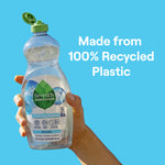 Hand holding a clear Seventh Generation dish liquid bottle with flip cap and text stating made from 100% recycled plastic