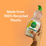 Hand holding a Seventh Generation dish liquid bottle tilted against an orange background with text 'Made from 100% Recycled Plastic'