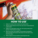 Hand holding a Spectracide Wasp & Hornet Killer can aimed toward a house eave, with usage instructions below