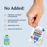 Hand holding a Miss Mouth’s stain treater sachet beside a list of ingredients not added and a Safer Choice logo