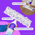 Hand holding a Swiffer Power Mop showing textured white and purple mop pad and inset of mop cleaning a wood floor.