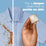 Hand holding a Tide POD next to a stained blue shirt with text promoting a gentler deep clean