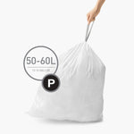 Hand holding the tied top of a white garbage bag with a circular 50–60L label and black 'P' size icon