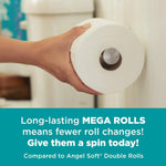 Hand reaching to place or remove a toilet paper roll from a wall dispenser with teal promotional band