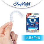 Hand holding a translucent molded dental guard with small product box and ultra-thin callout on white background