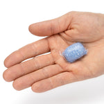 Hand holding a single wrapped blue cleaning pod photographed on a white background
