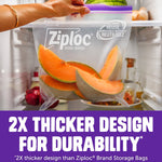 Hand holding a clear Ziploc bag with cantaloupe slices inside, placed in a refrigerator to show bag use and purple zipper.