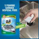 CLR Garbage Disposal pouch and a hand placing a white foaming pod into a stainless steel sink drain, fresh scent label