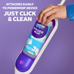 Hand inserting a Swiffer Power Mop refill bottle into the mop device with text instructing just click & clean