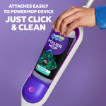 Hand inserting a Swiffer Power Mop solution bottle into the mop handle against purple background