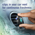 Hand placing a Febreze Auto vent clip into a round car vent with text reading clips in your car vent for continuous freshness