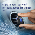 Hand clipping a Febreze Car Ocean vent clip into a round car vent with caption about continuous freshness