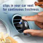 Hand placing a Febreze Car vent clip into a round car vent, with vanilla and sugar visuals at corner