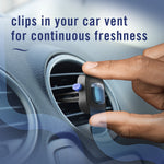 Hand placing a Febreze Auto vent clip into a circular car vent with text about clipping into your car vent