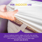 Photographic lifestyle image of a hand lifting a mattress corner with overlay text "For Indoor Use" and usage instructions below.