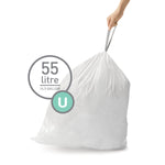 Hand lifting a tied white drawstring trash bag with a 55 litre / 14.5 gallon badge and U icon