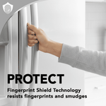 Hand gripping a stainless steel refrigerator handle illustrating fingerprint protection with "PROTECT" text.