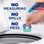 Hand placing a single laundry power pak into a washing machine with text stating no measuring no spills no mess